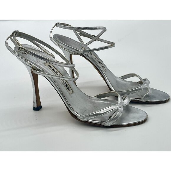 Manolo Blahnik Shoes - Manolo Blahnik Women’s Heels Sandals Sz 37 US 7 Silver Leather Slingback Wedding